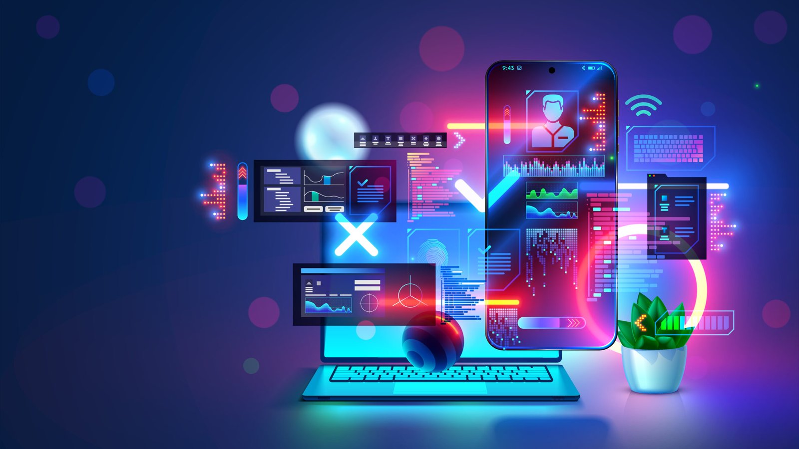Mobile phone app software development concept. Design interface of mobile devices application. Layout elements mobile design in air around hanging phone, developer laptop. Programming phone app.