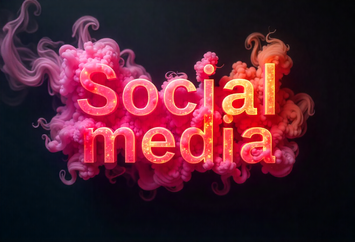 bold letters in pink with a smoky background that says social media on a black background