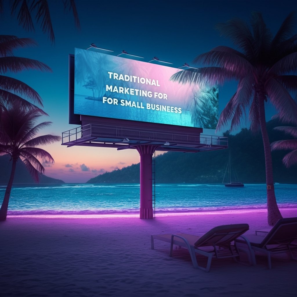 futuristic bilboard sign on the beach with waves in the back. the large billboard sign says " Traditional Marketing for small businesses